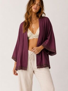 Free People Kimono Robe with Laced-Trim